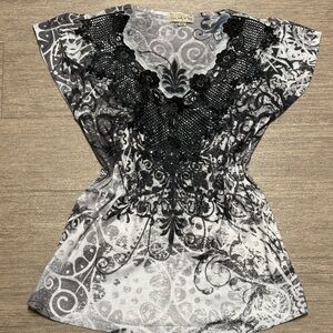 Grunge Live and Let Live Black and Gray Patterned Blouse